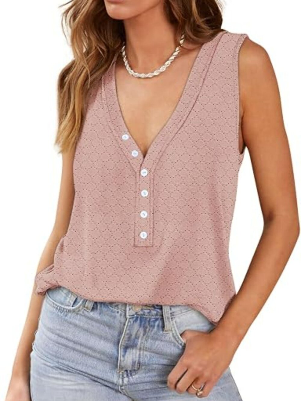 Woven Eyelet V-Neck Top in Dusty Rose
